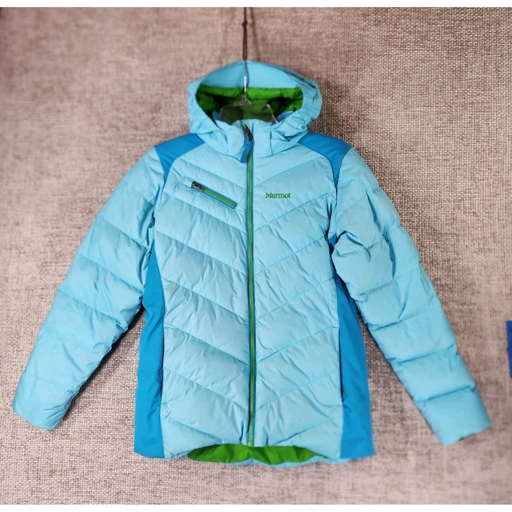 Marmot 650 Fill Hooded Down Parka‎ Ski Coat Youth XL Turquoise Zip Pockets